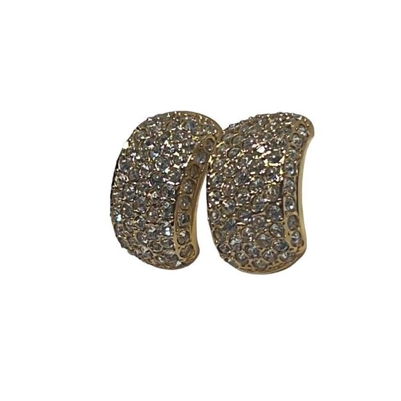 Vintage Roman Gold Plated Swarovski Paved Crystal Clip On Huggies Earrings - Picture 5 of 9